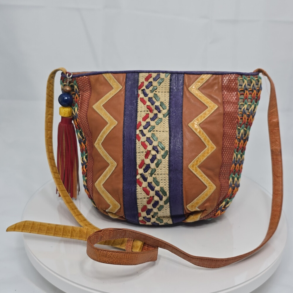 Vintage 90's Sharif Patchwork Leather Multicolor Shoulder Bucket Ugly Bag Boho